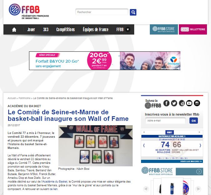 Le Wall of Fame sur le site de la FFBB - Basket77